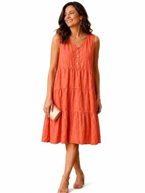 Match Point Sleeveless V-Neck Tiered Midi Dress in Coral